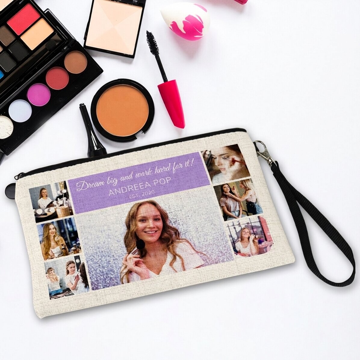 Bolsita para cosméticos personalizada con 7 fotos y texto