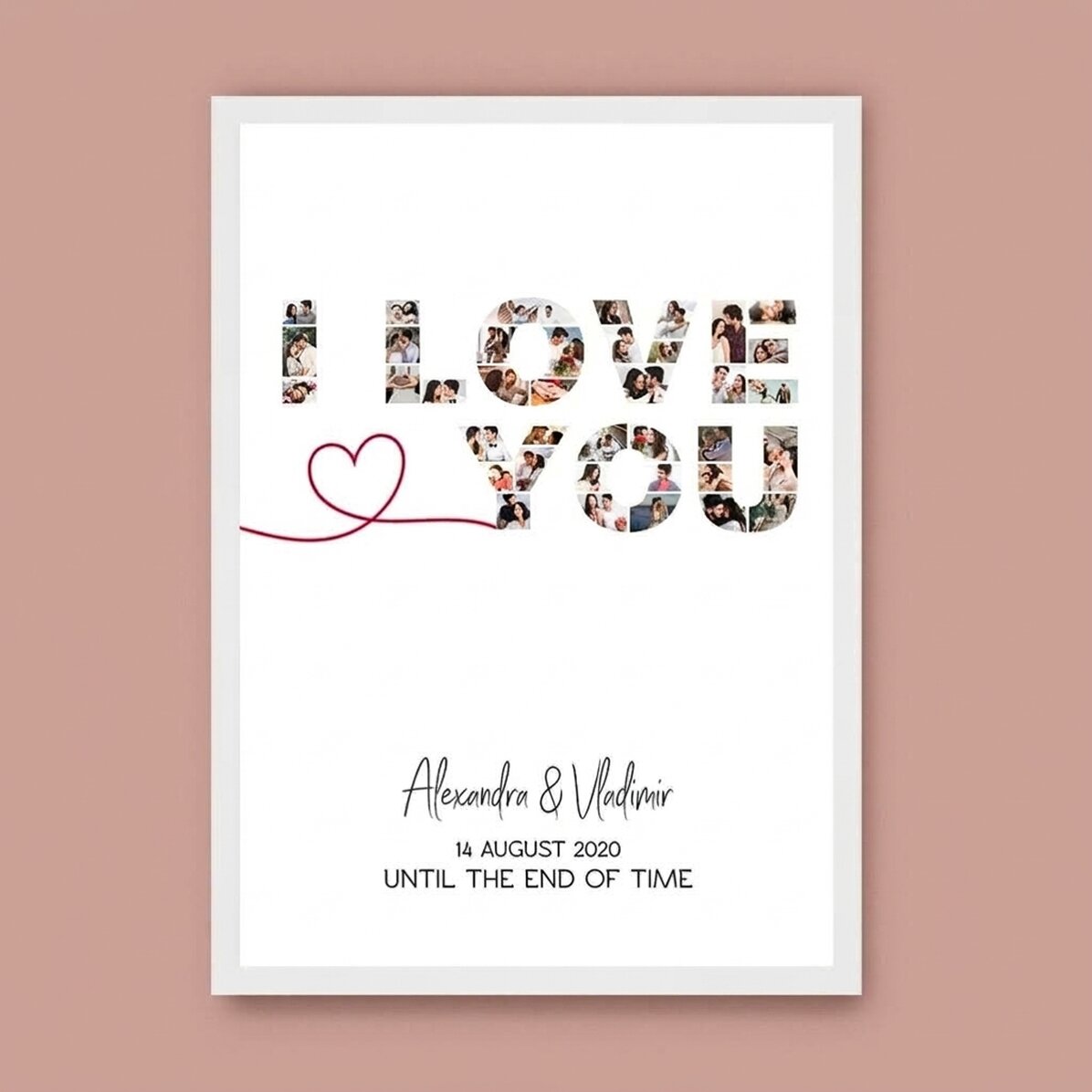 Cuadro personalizado con 39 fotos y un texto: «Te quiero»