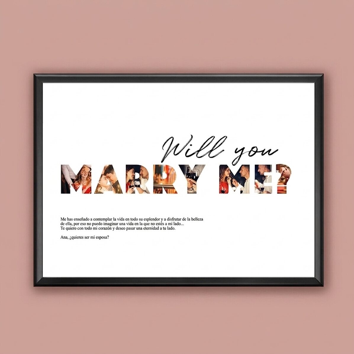 Cuadro personalizado en formato apaisado con 8 fotos y texto: «¿Quieres casarte conmigo?»