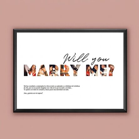 Cuadro personalizado en formato apaisado con 8 fotos y texto: «¿Quieres casarte conmigo?»