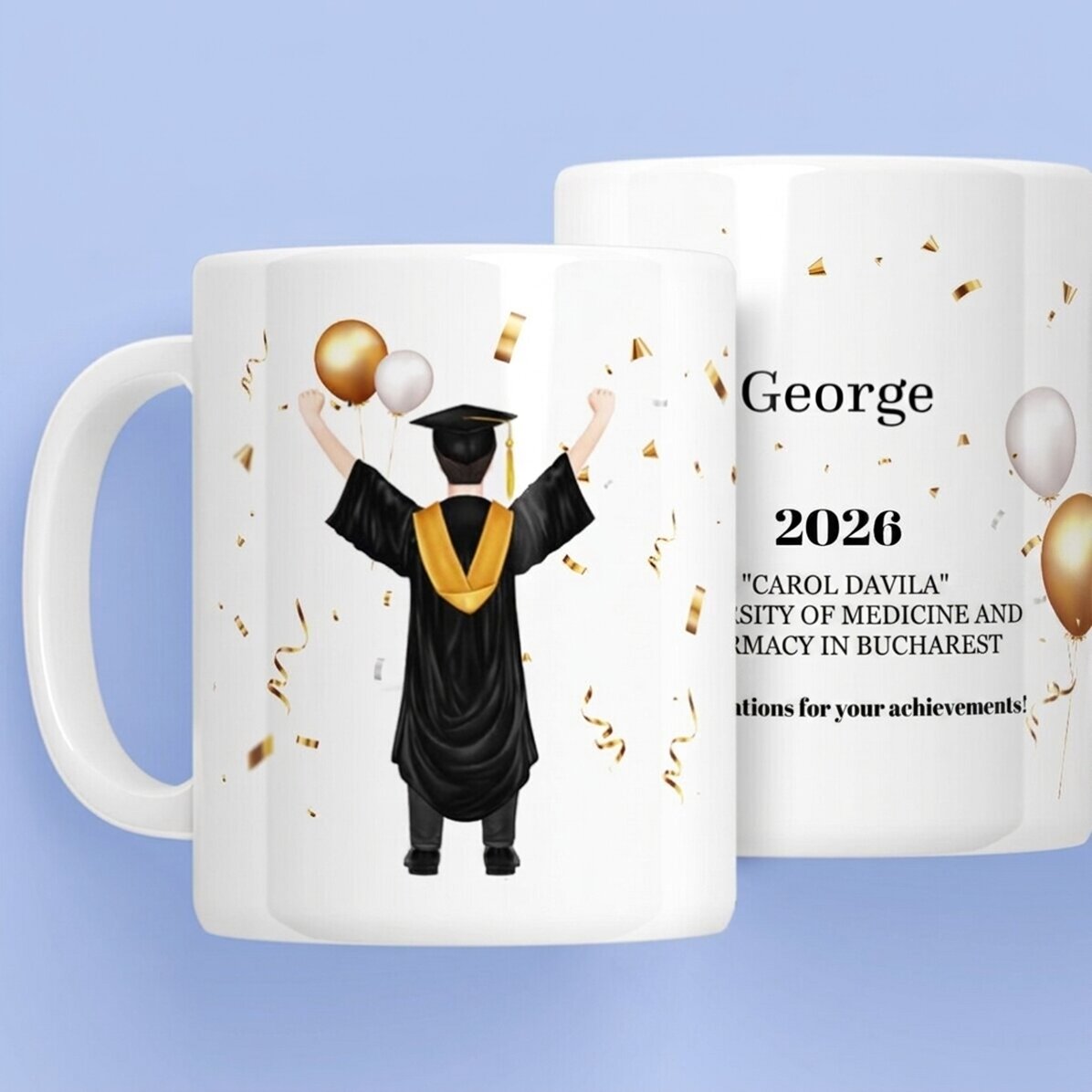 Taza personalizada con texto: «His graduation»