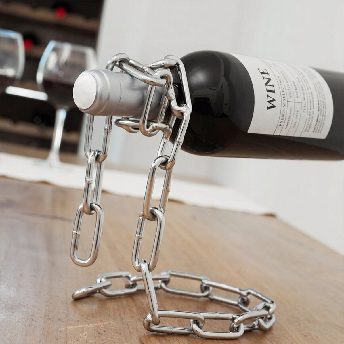 Soporte para botellas de vino con forma de cadena