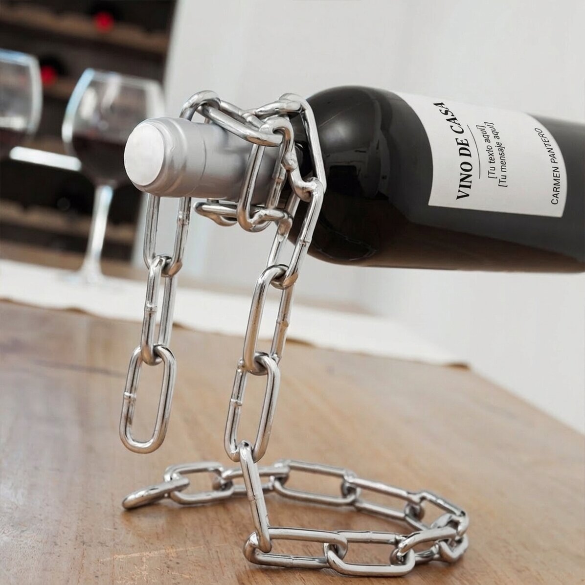 Soporte para botellas de vino con forma de cadena