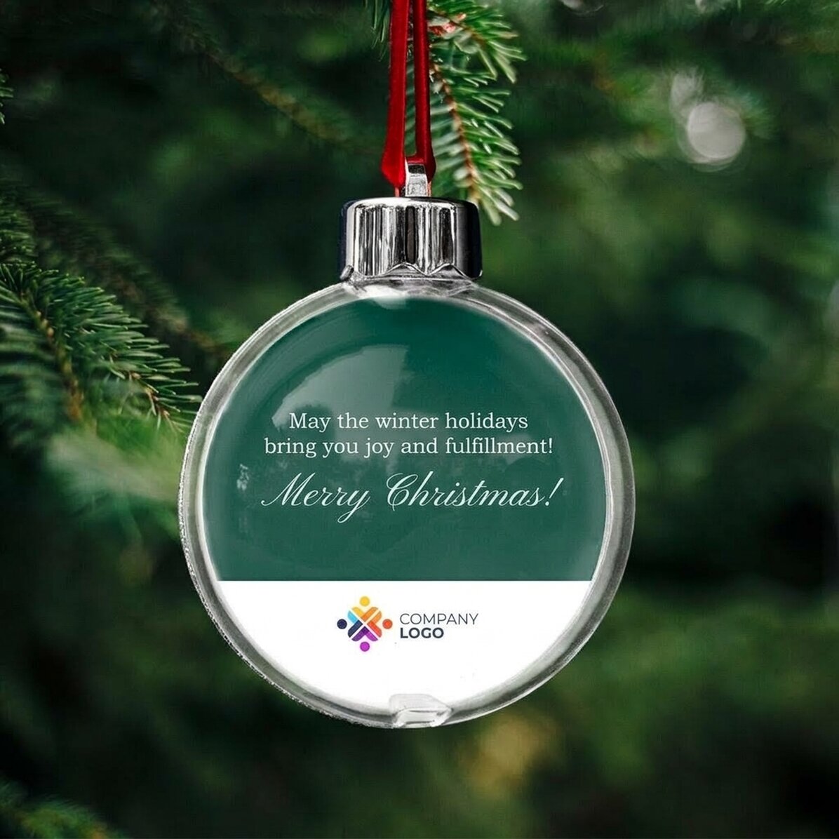 Bola de Navidad personalizada con logotipo y mensaje: ¡Feliz Navidad!