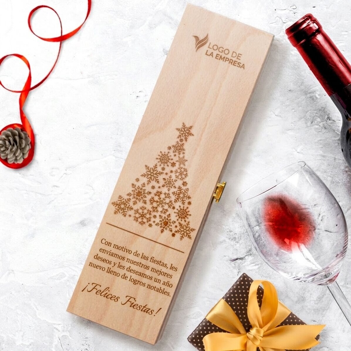 Caja de vino personalizada con logotipo y mensaje: ¡Feliz Navidad!