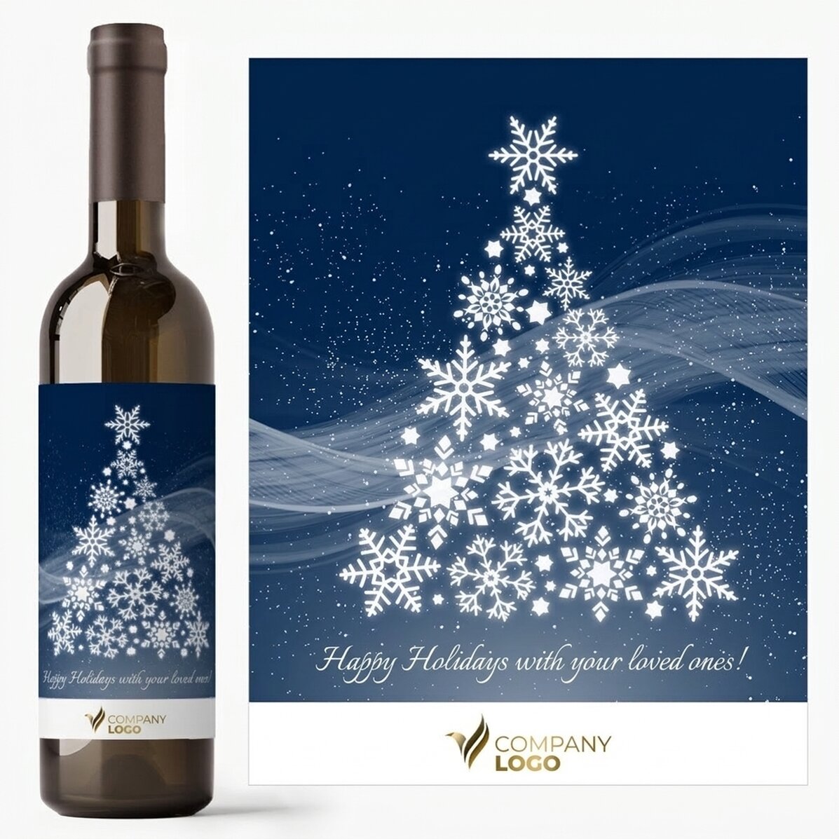 Vino personalizado con logotipo y mensaje: ¡Feliz Navidad!