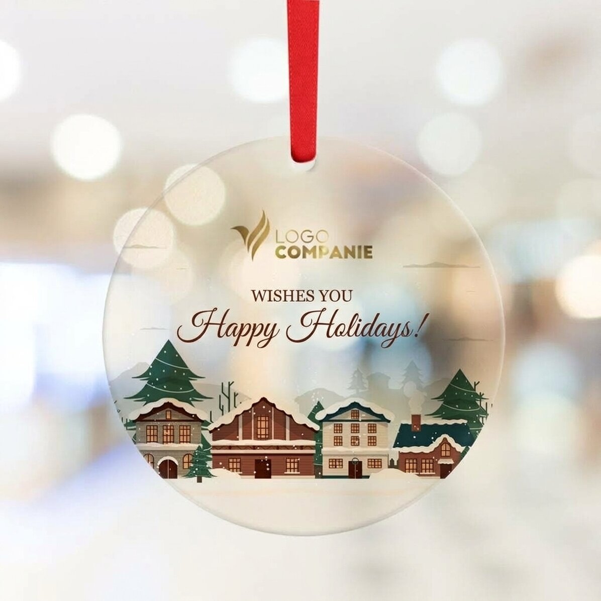 Adorno redondo personalizado con logotipo y mensaje: ¡Feliz Navidad!