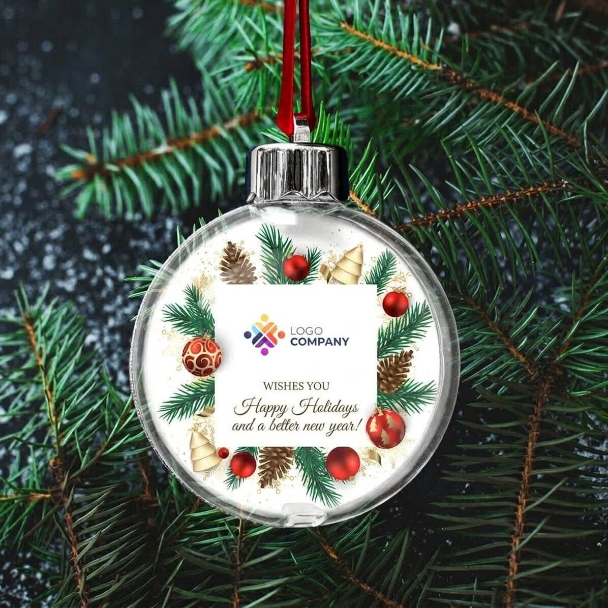 Bola de Navidad personalizada con logotipo y mensaje - Modelo navideño