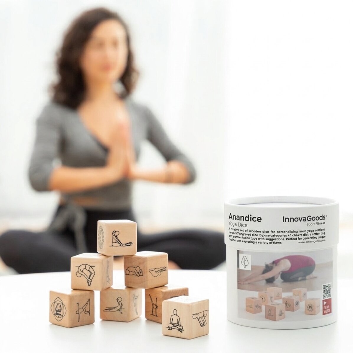 Yoga game with 7 wooden dice
