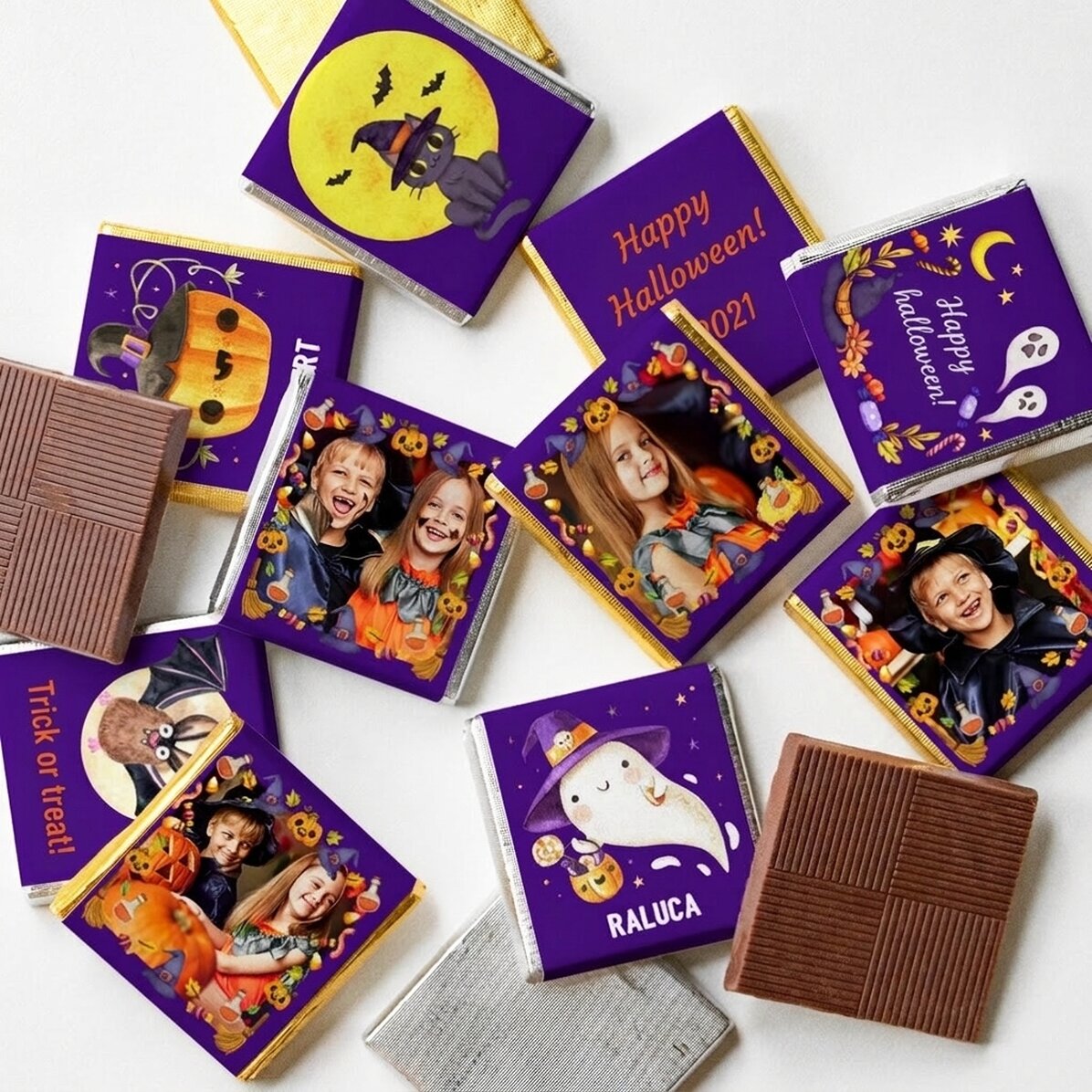 Lote de 10 minichocolates personalizados con fotos y texto - Halloween
