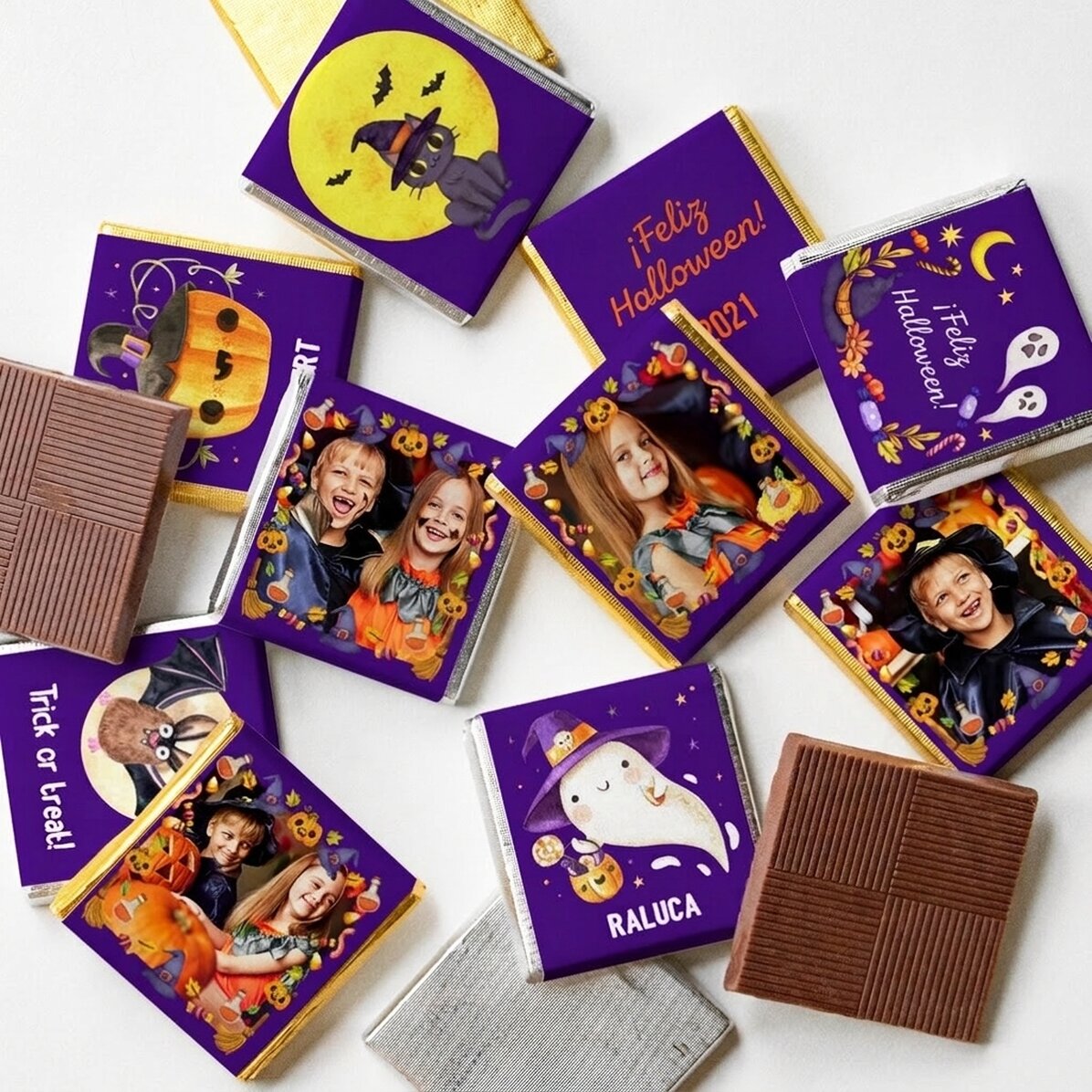 Lote de 10 minichocolates personalizados con fotos y texto - Halloween