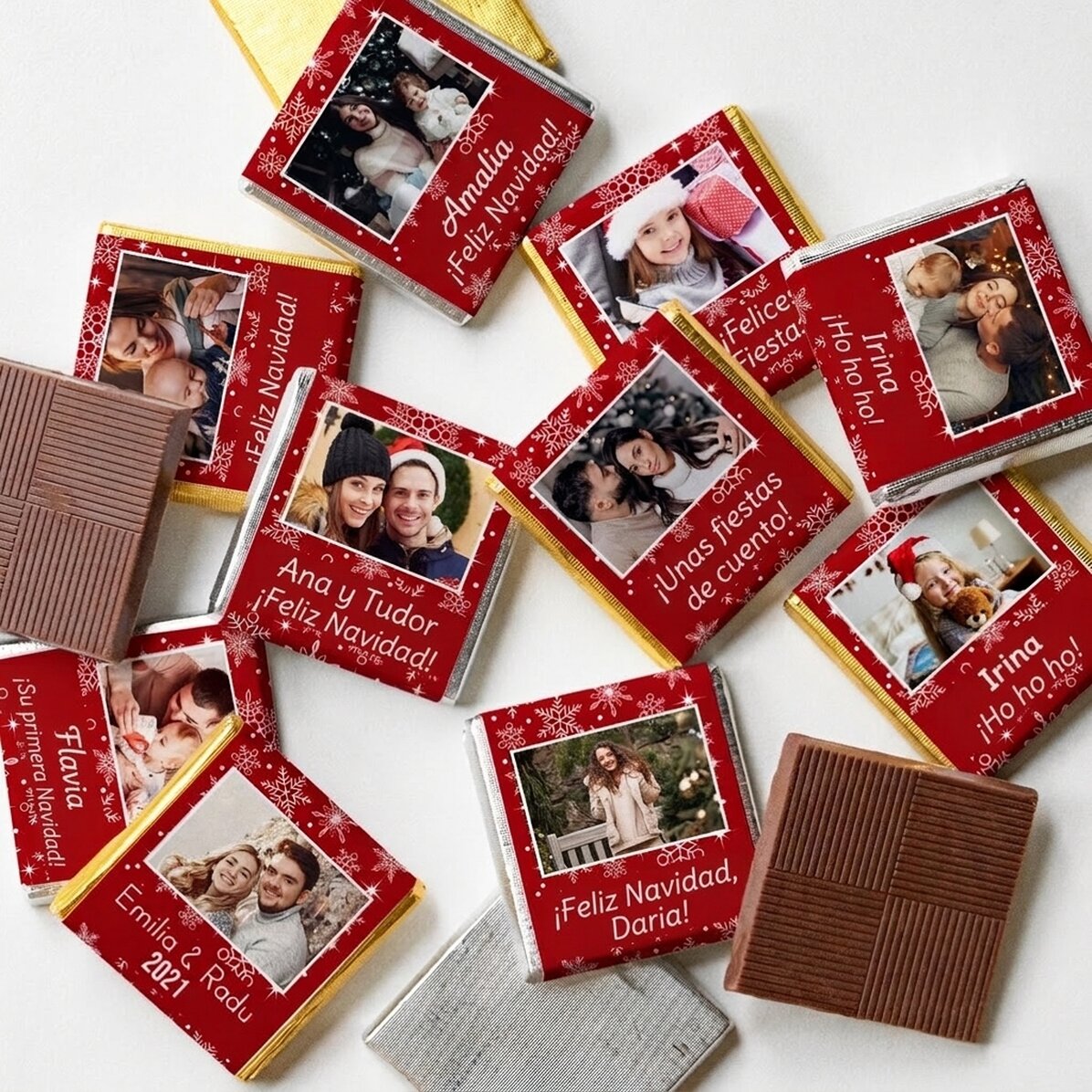 Lote de 10 minichocolates personalizados con fotos y texto - Copos de nieve