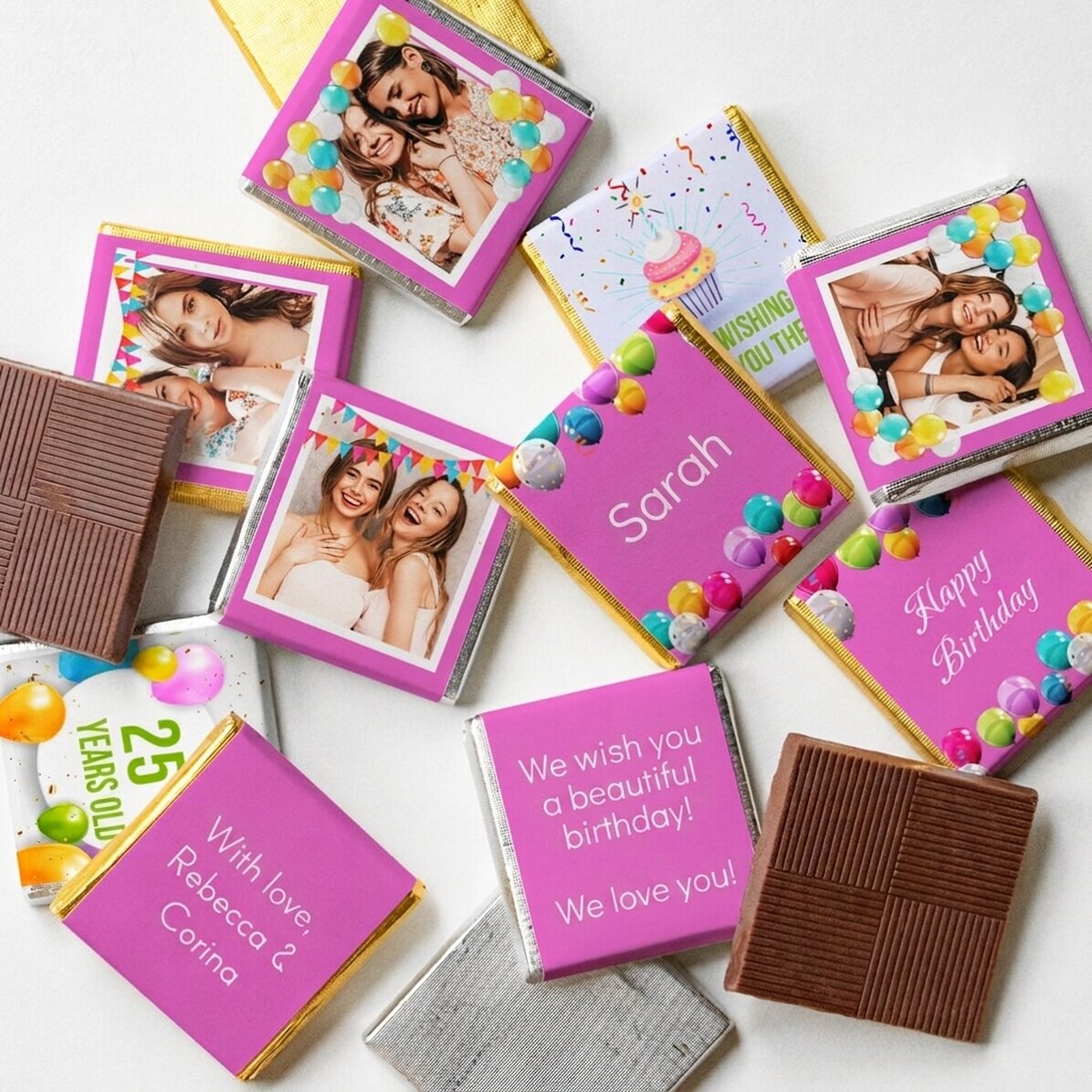 Lote de 10 minichocolates personalizados con fotos y texto: «Feliz cumpleaños»