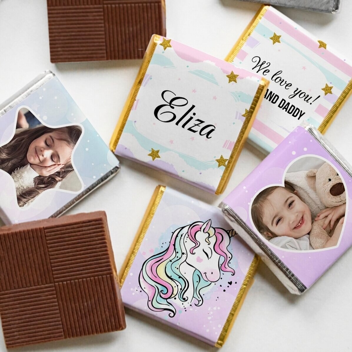 Lote de 5 minichocolates personalizados con fotos y texto - Unicornio