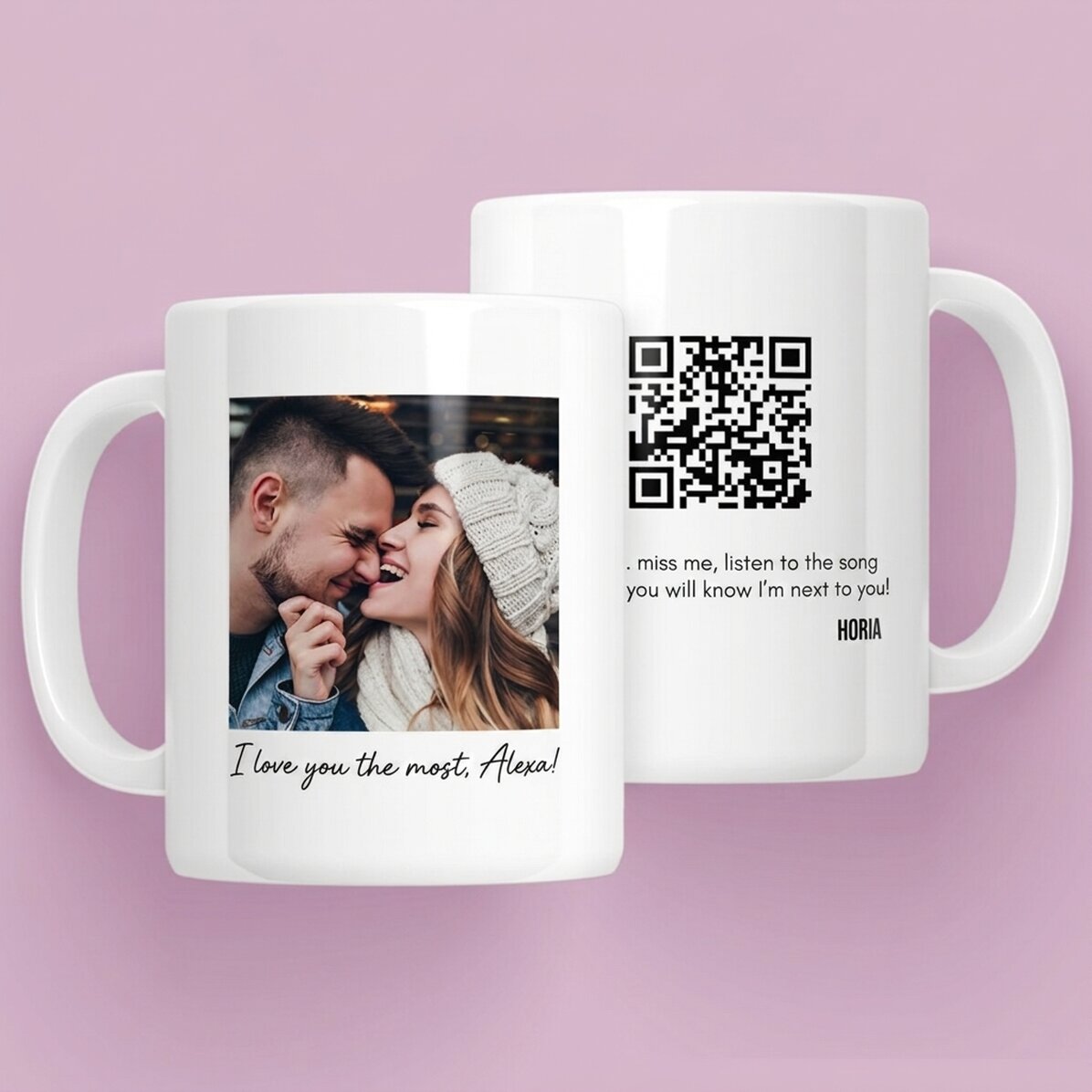 Taza personalizada con una foto, un mensaje y un código QR