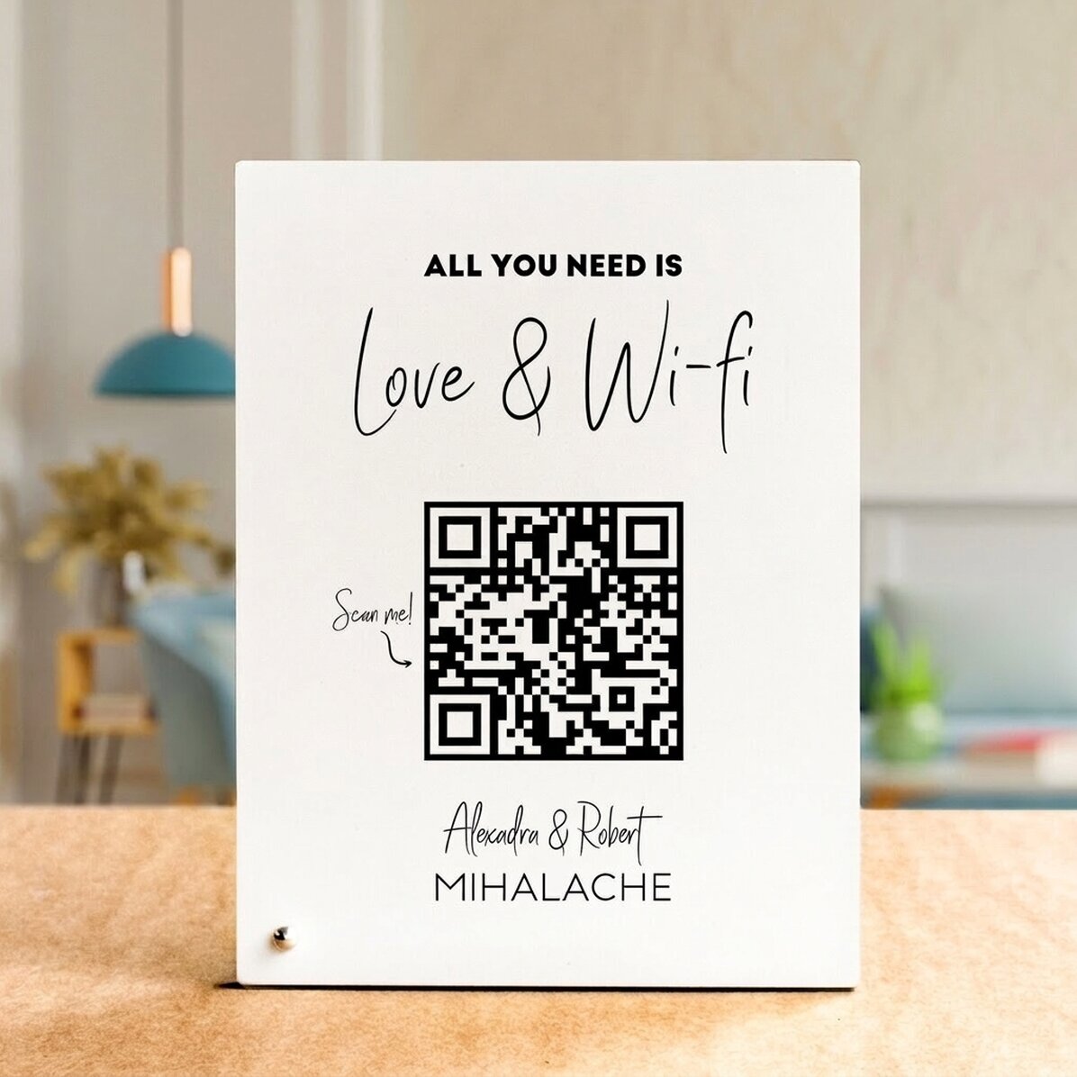 Marco de fotos de escritorio personalizado con texto y código QR - «Scan for Wifi» (fondo blanco)