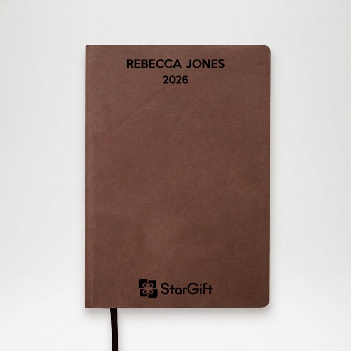 Agenda de piel personalizada con el logotipo en el centro y texto