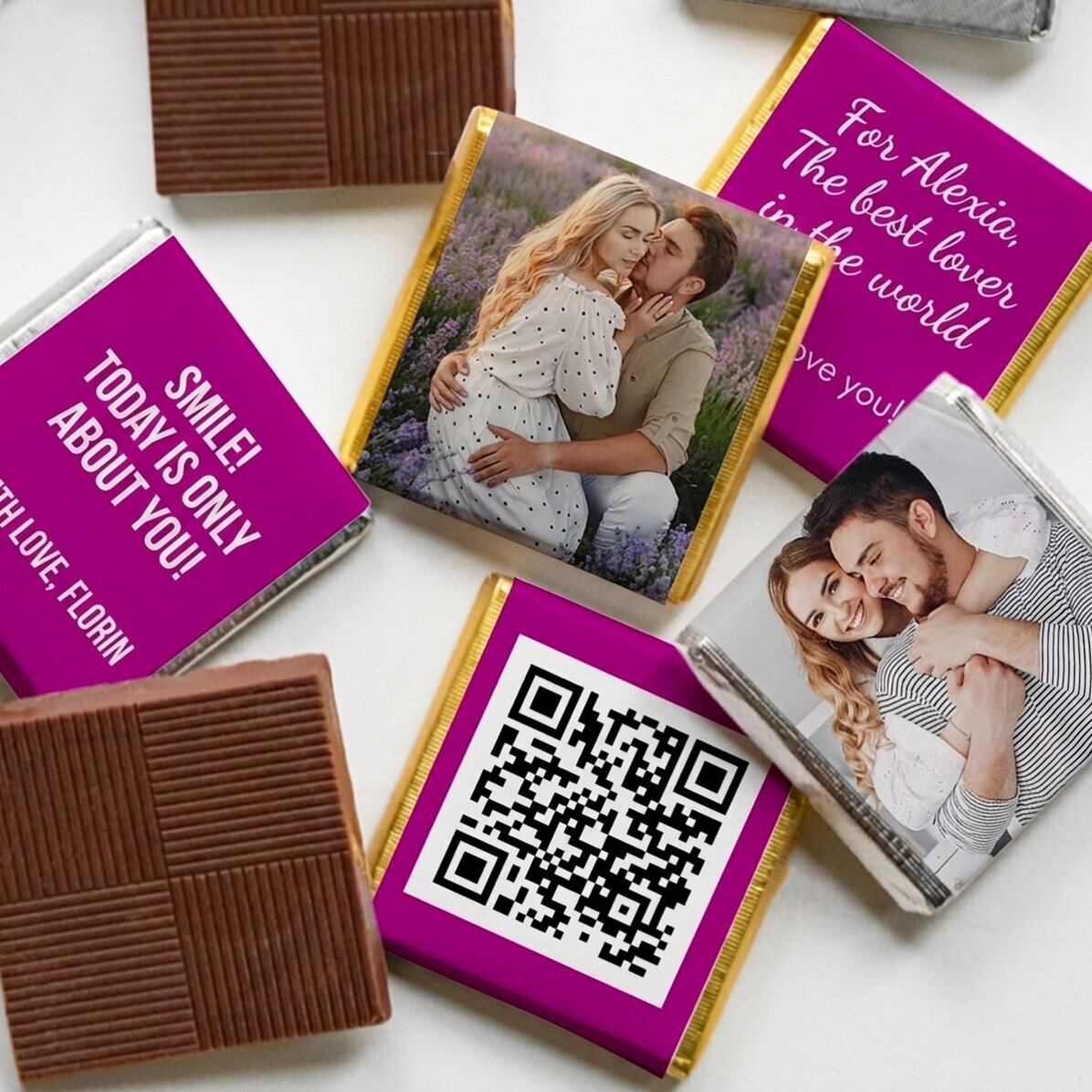 Lote de 5 minichocolates personalizados con fotos, código QR y texto - Para alguien especial