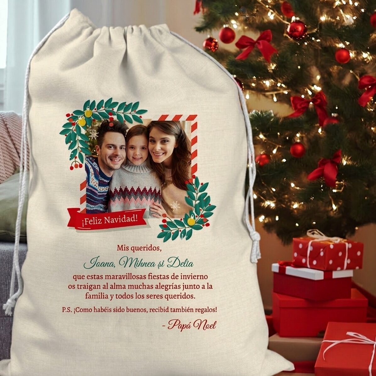 Bolsa de regalo personalizada con una foto y un mensaje de Papá Noel