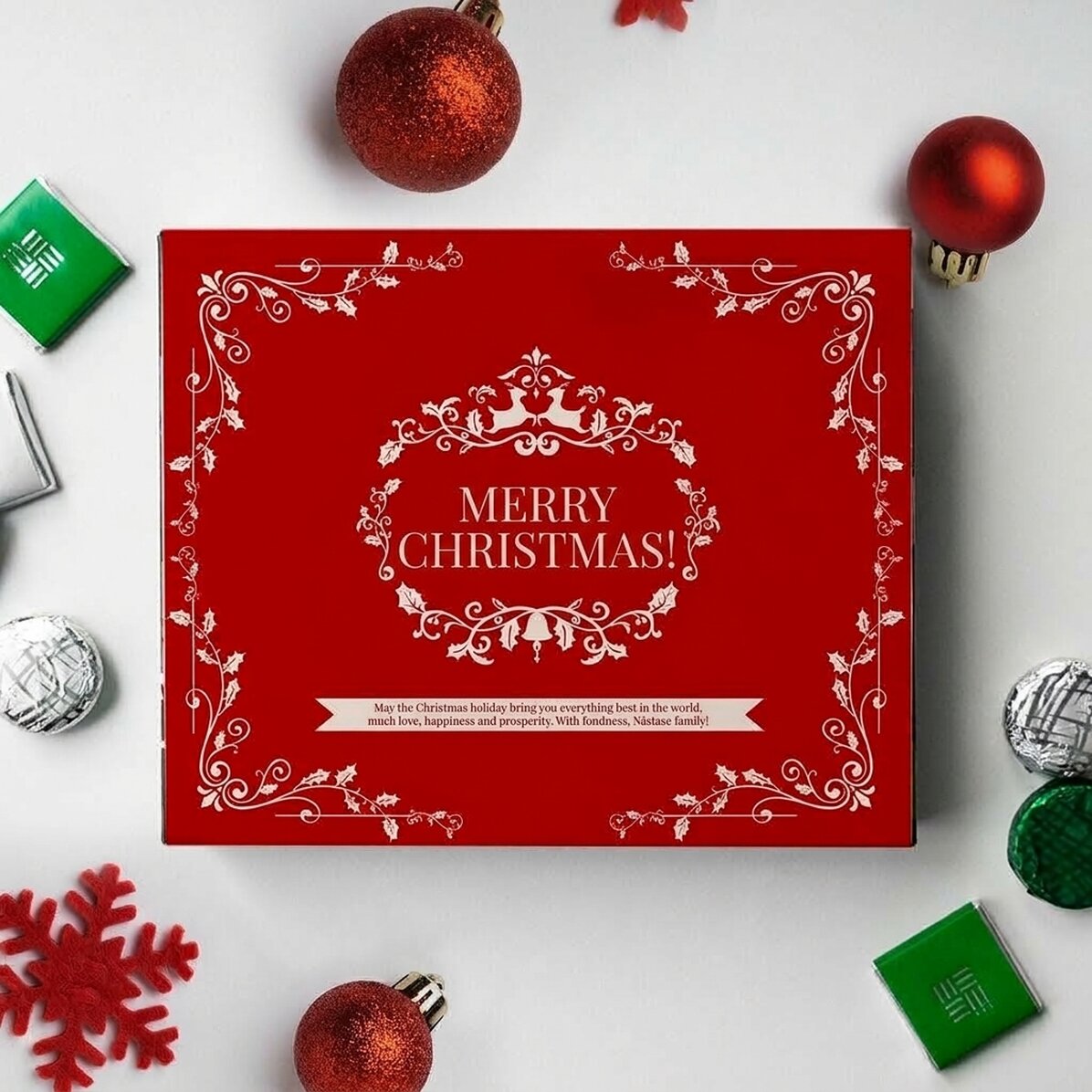 Caja de bombones personalizada con el mensaje: «¡Feliz Navidad!»