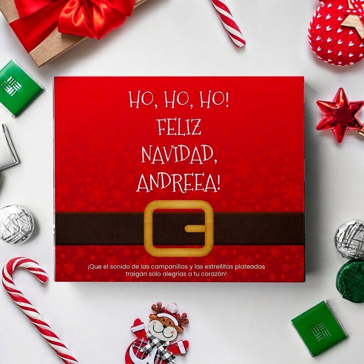Caja de bombones personalizada con el texto: «¡Ho, ho, ho!»