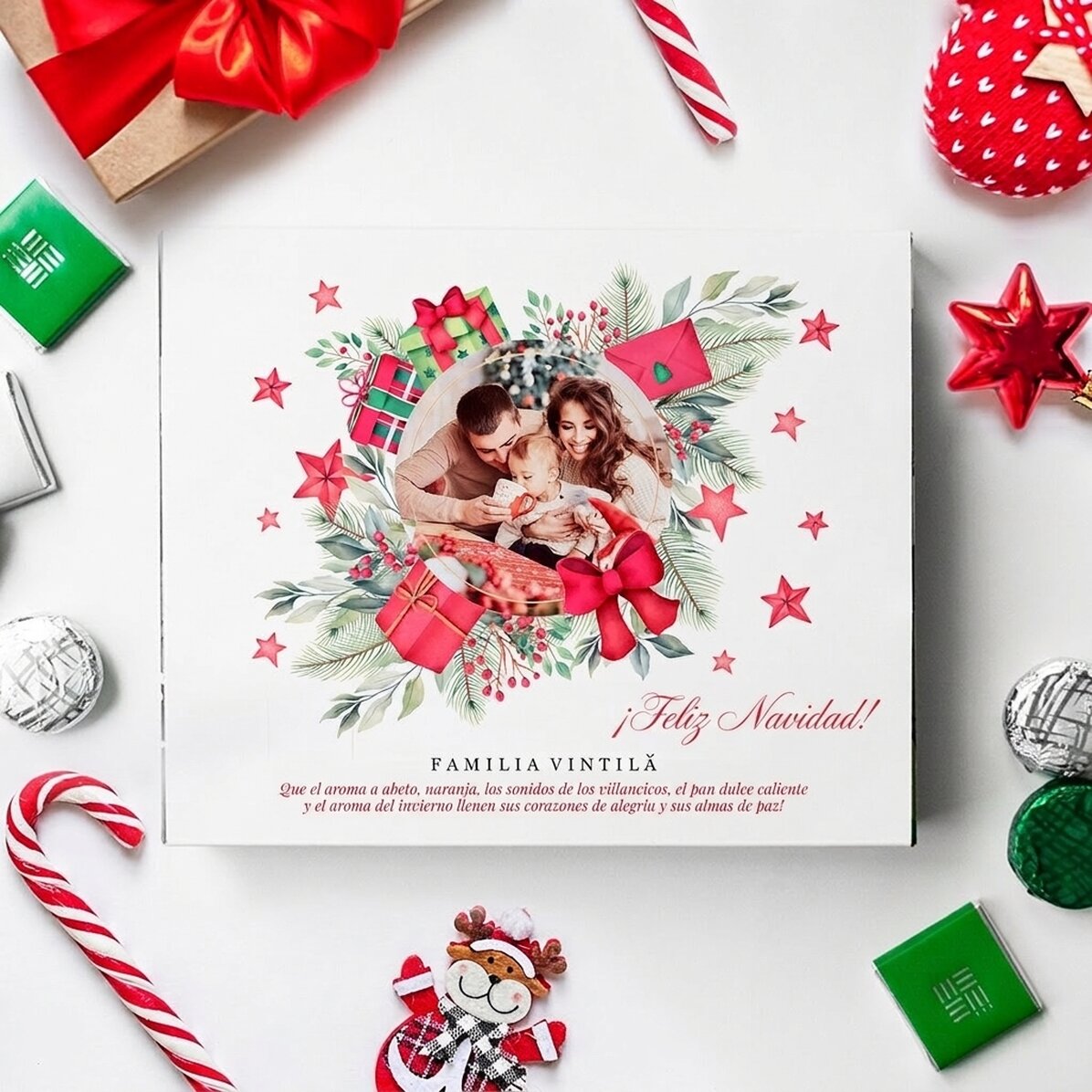 Caja de bombones personalizada con texto y foto - Felicitación navideña