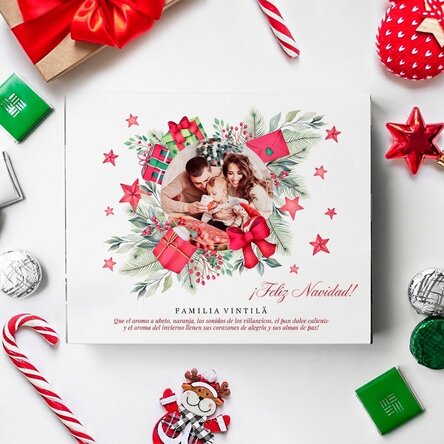 Caja de bombones personalizada con texto y foto - Felicitación navideña