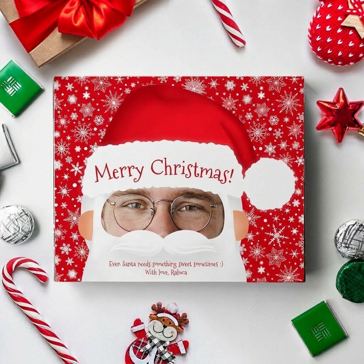 Caja de bombones personalizada con una foto y un texto - Papá Noel
