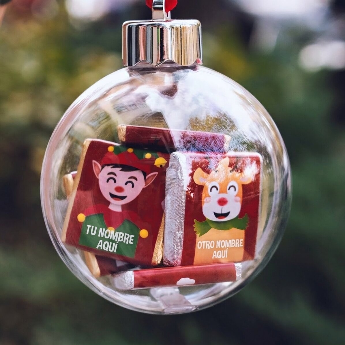 Bola con 10 minichocolates personalizados con nombre - Feliz Navidad