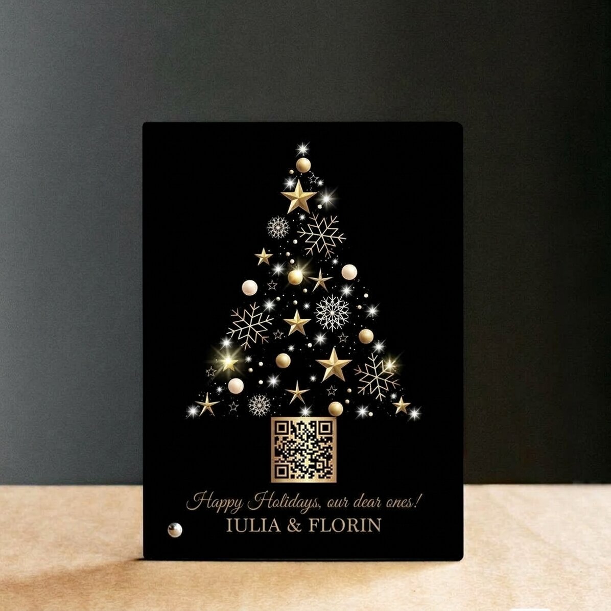 Marco de fotos de escritorio personalizado con código QR y mensaje navideño