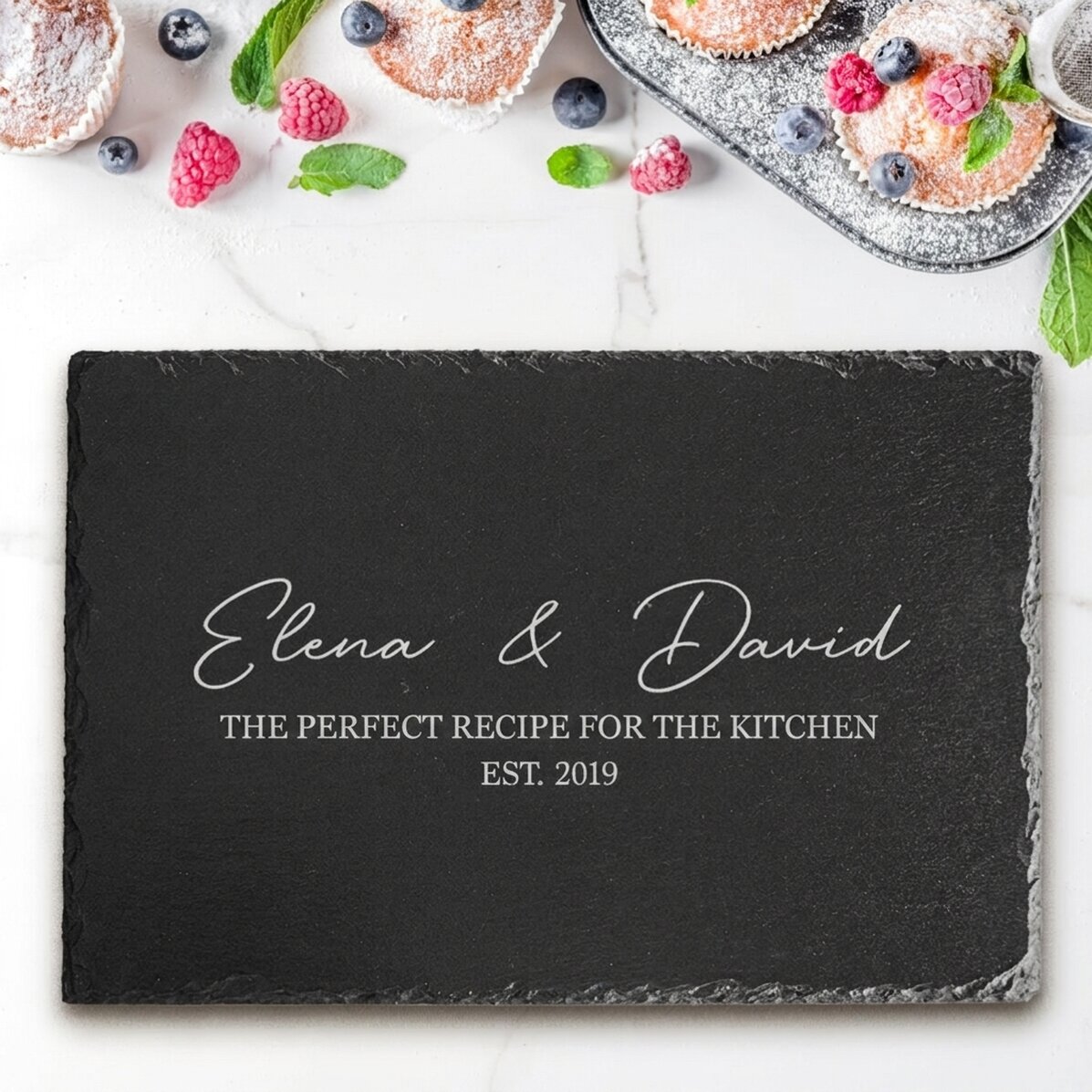 Placa de pizarra grabada y personalizada con texto: «La receta perfecta»