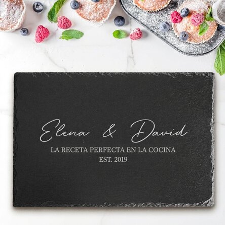 Placa de pizarra grabada y personalizada con texto: «La receta perfecta»