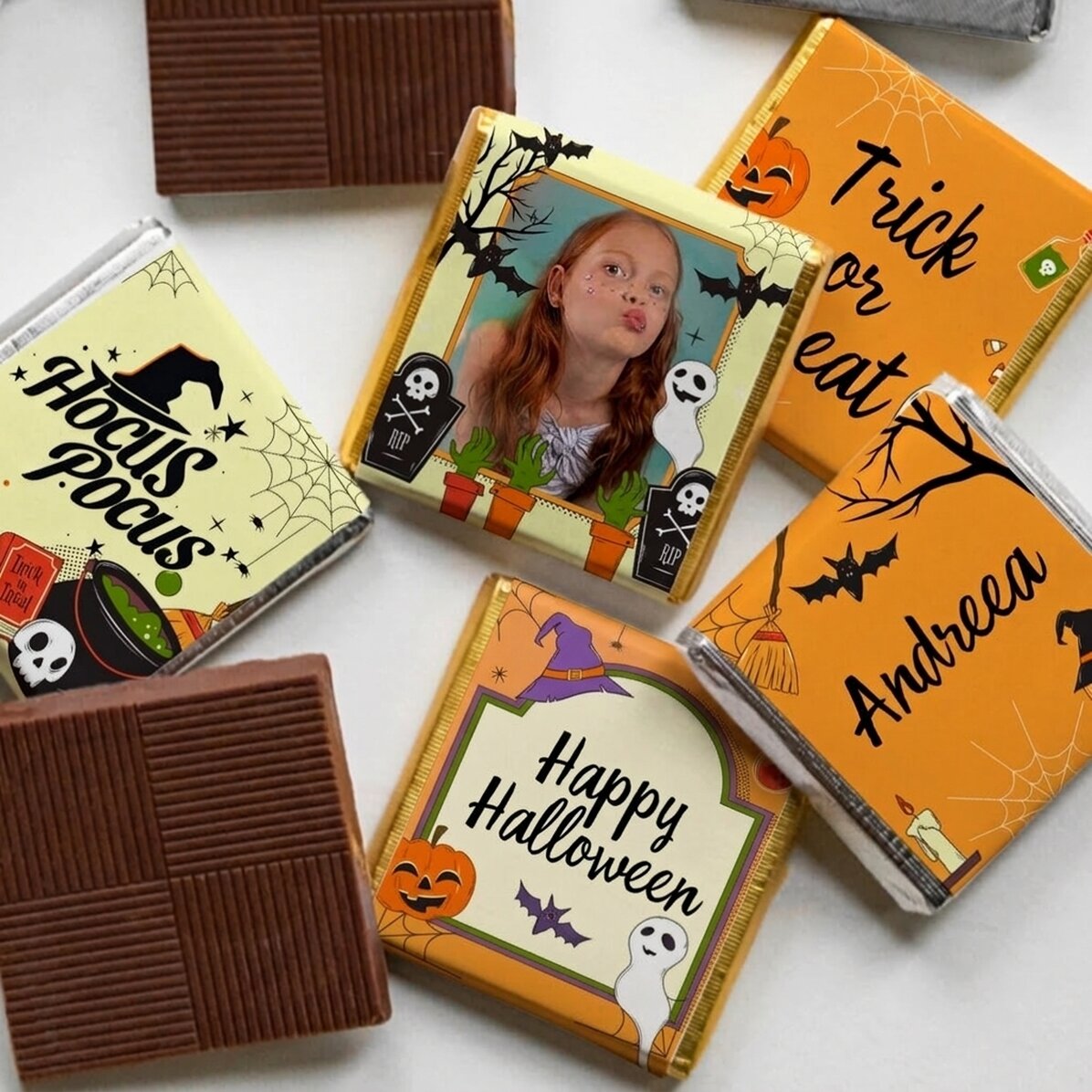 Lote de 5 minichocolates personalizados con foto y texto - Halloween