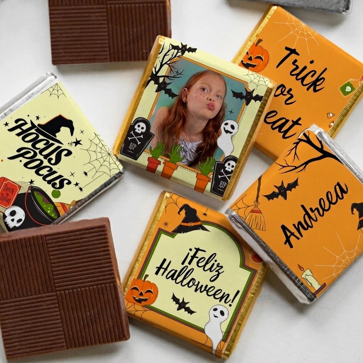 Lote de 5 minichocolates personalizados con foto y texto - Halloween