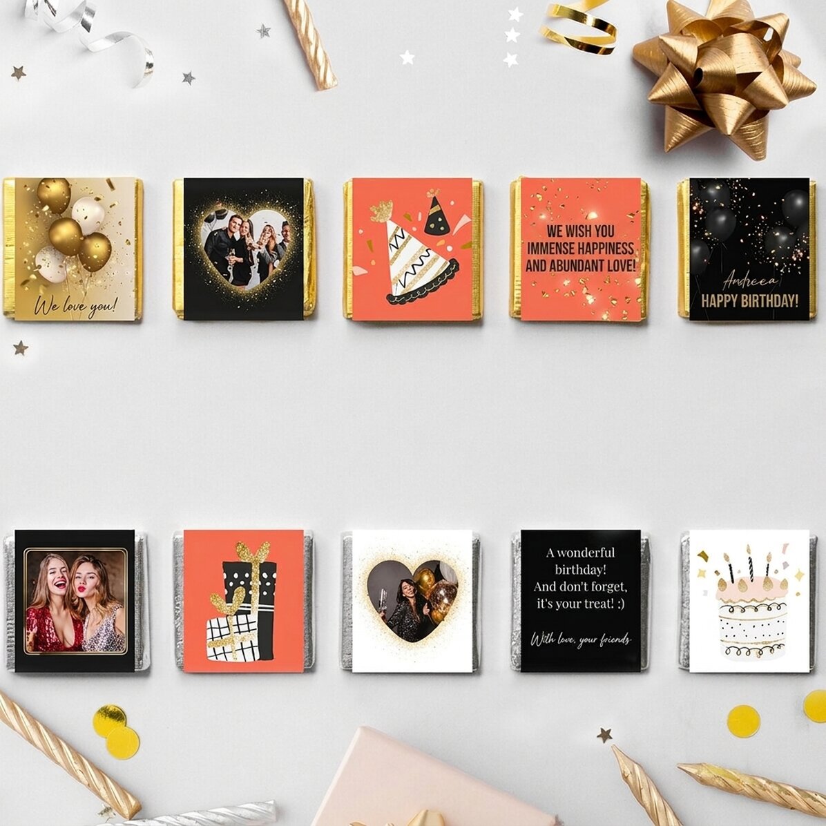 Lote de 10 minichocolates personalizados para un cumpleaños