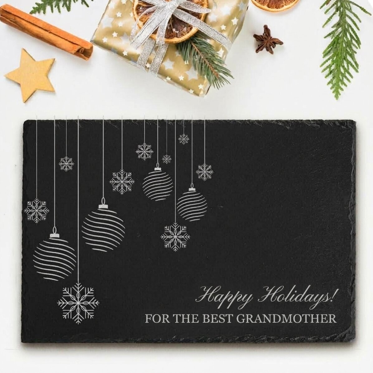 Placa de pizarra grabada y personalizada con el texto: «¡Felices fiestas!»