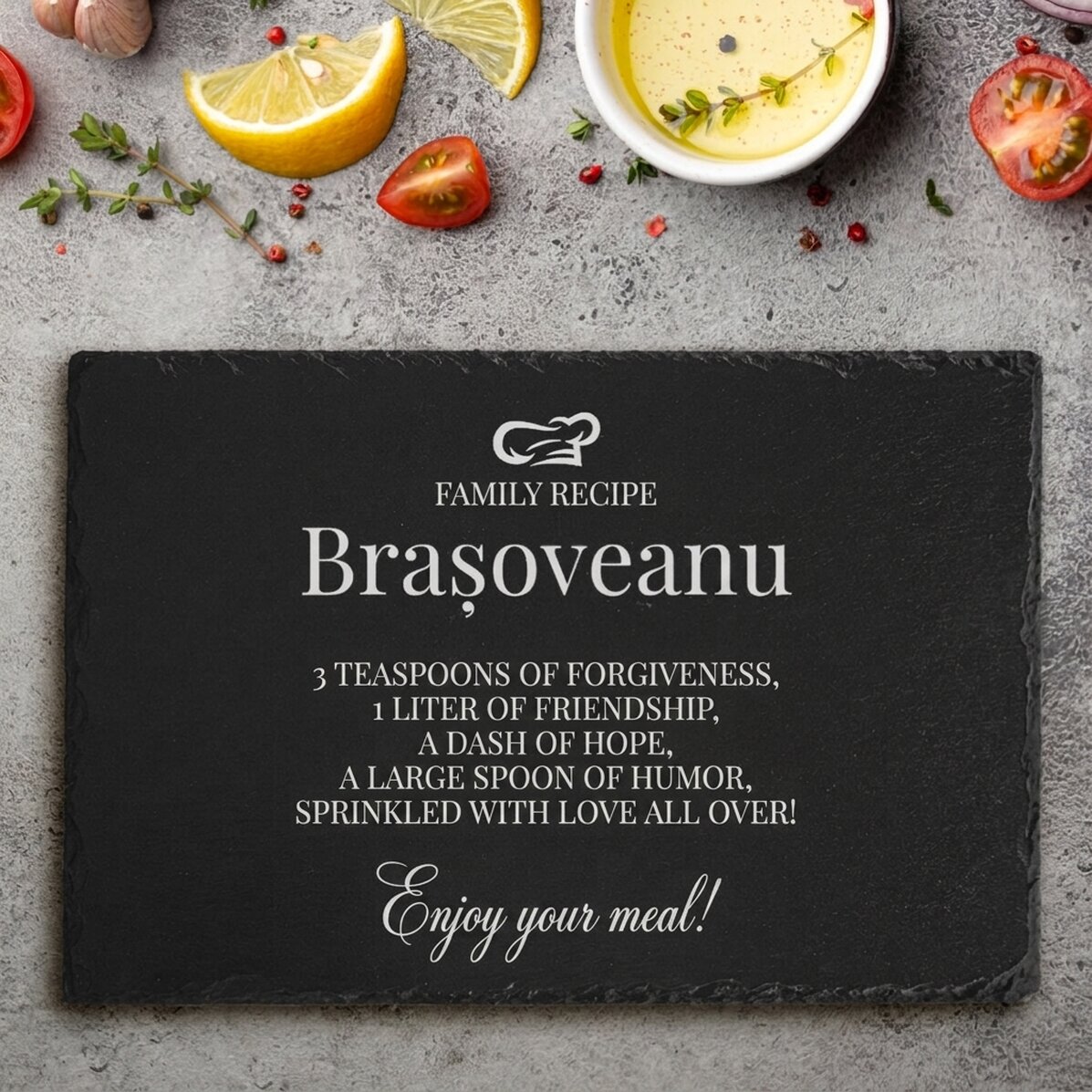 Placa de pizarra grabada y personalizada con texto: «Receta familiar»