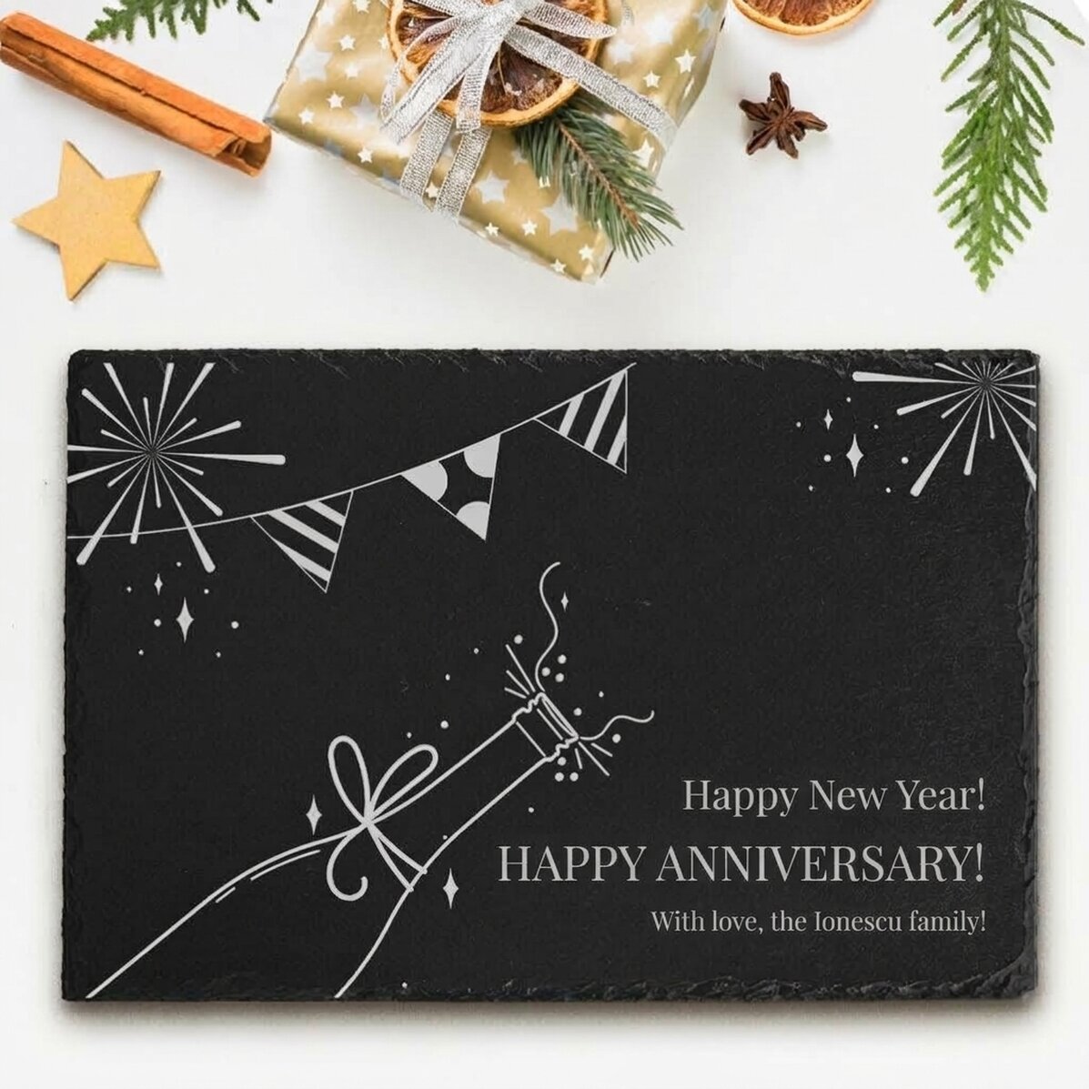 Placa de pizarra grabada y personalizada con el texto: «¡Feliz cumpleaños!»
