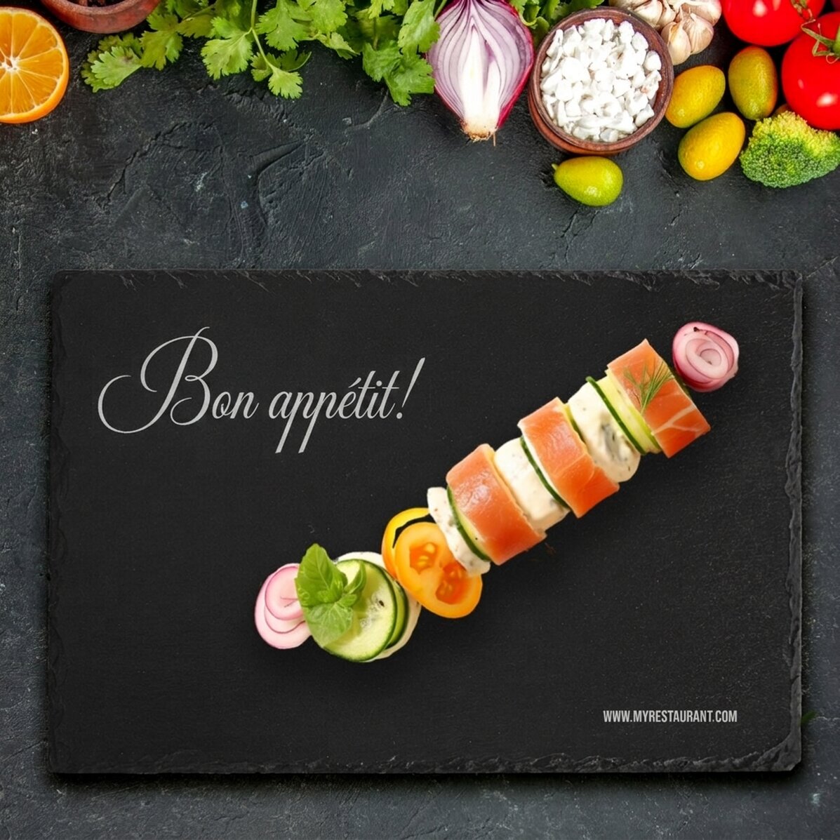 Placa de pizarra grabada y personalizada con el texto «Buen provecho» - Restaurante