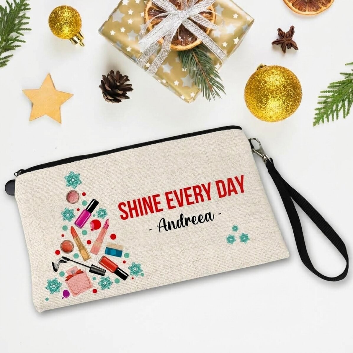 Set de maquillaje personalizado con mensaje navideño