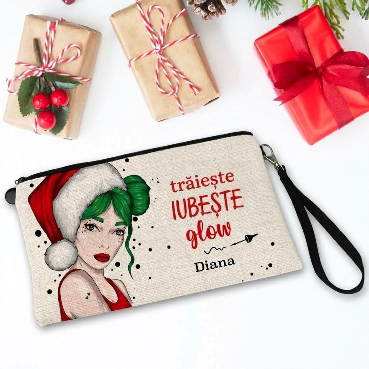 Set de maquillaje personalizado con el texto «Live Love Glow»