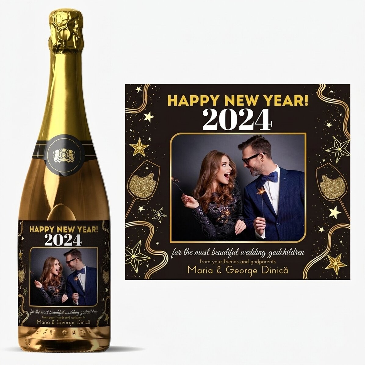 Vino espumoso personalizado con texto y foto - ¡Feliz cumpleaños! 2024