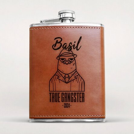 Botella de bolsillo forrada en piel y personalizada con nombre - Gangster