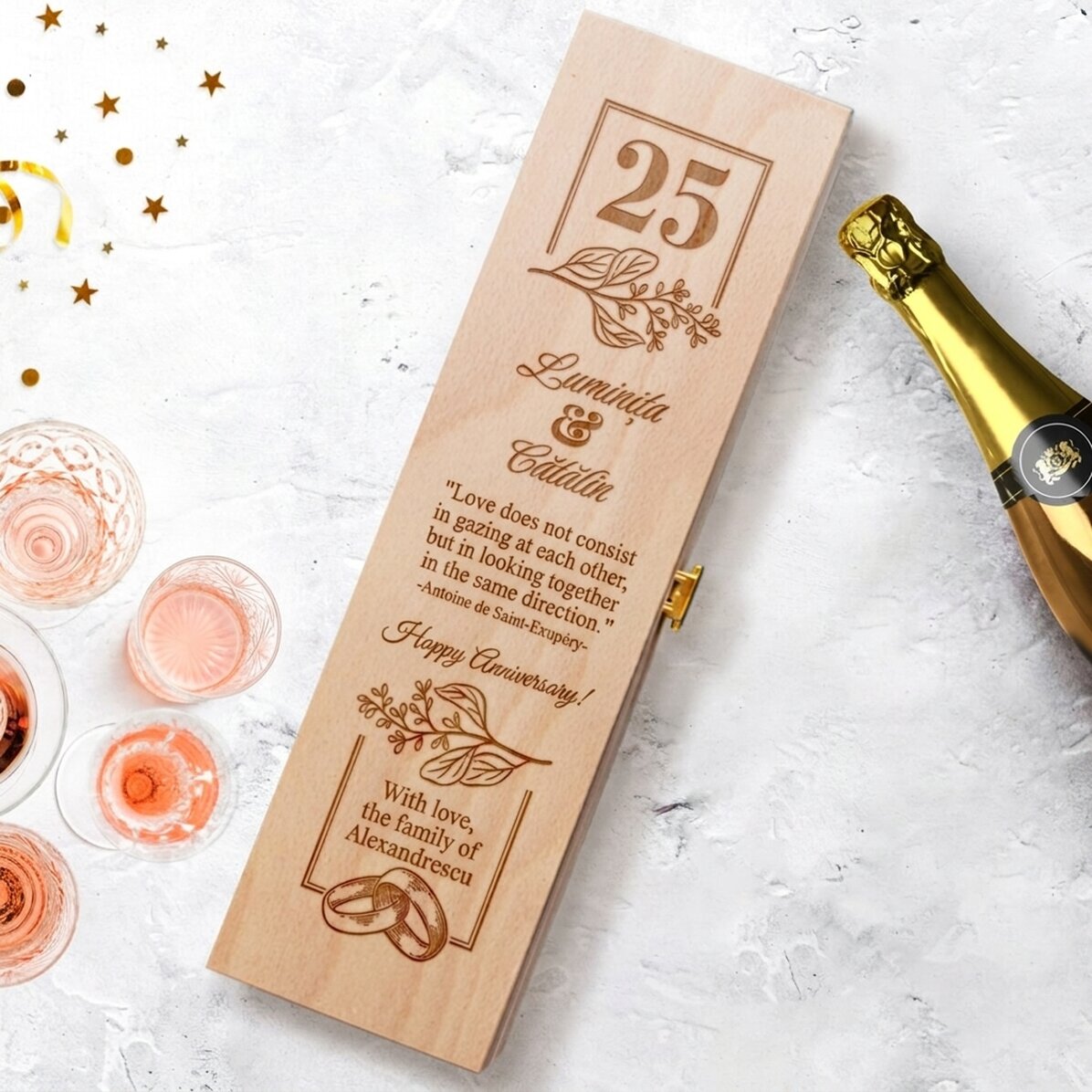 Caja de vino espumoso personalizada - modelo para el aniversario de boda