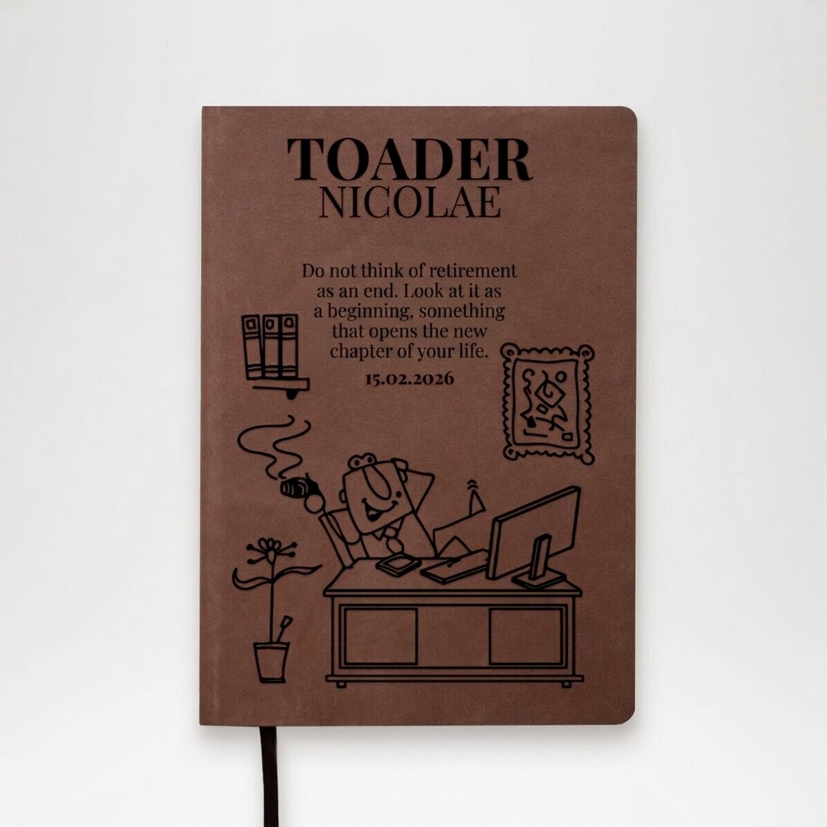 Agenda de piel personalizada con un mensaje de jubilación