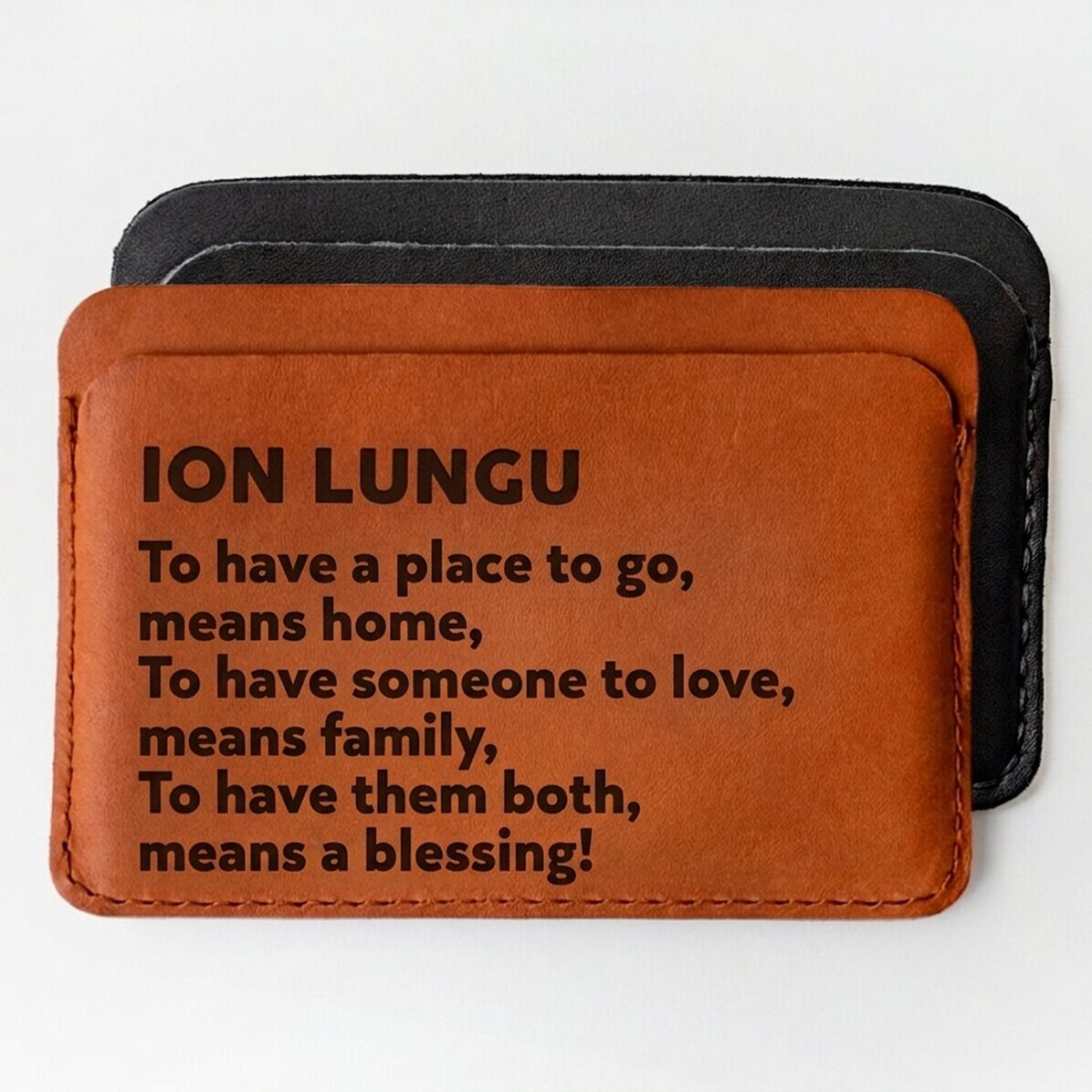 Cartera de piel personalizada con un mensaje para la familia