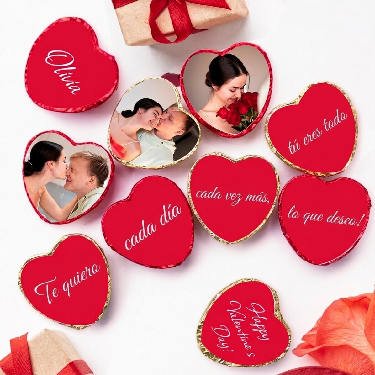 Lote de 10 mini bombones en forma de corazón personalizados con fotos y texto - Mensaje oculto