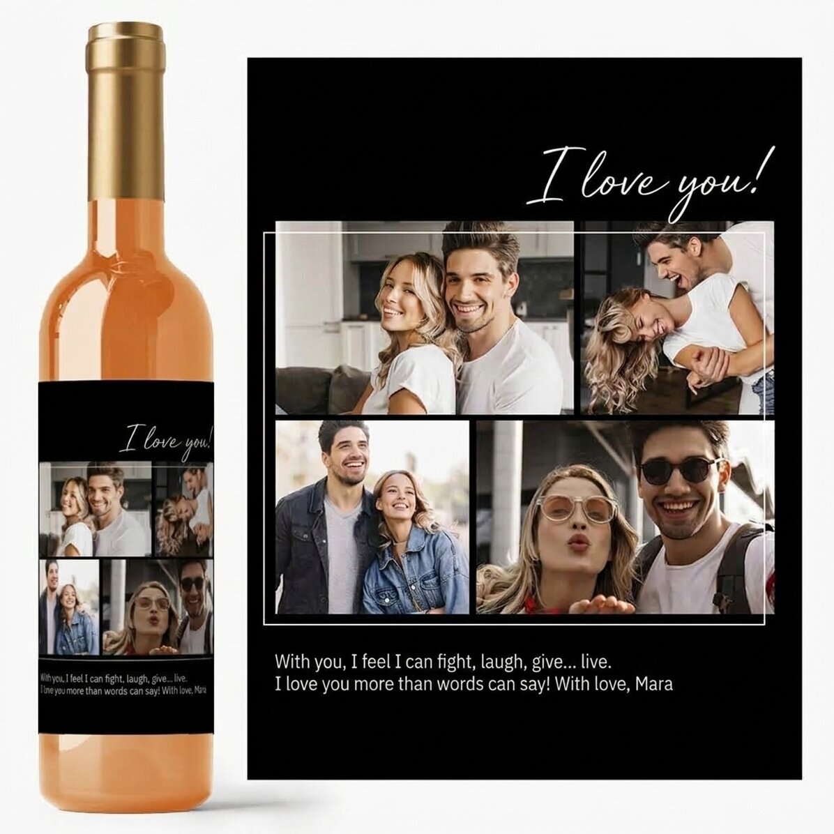 Vino personalizado con 4 fotos y un texto para mi novio
