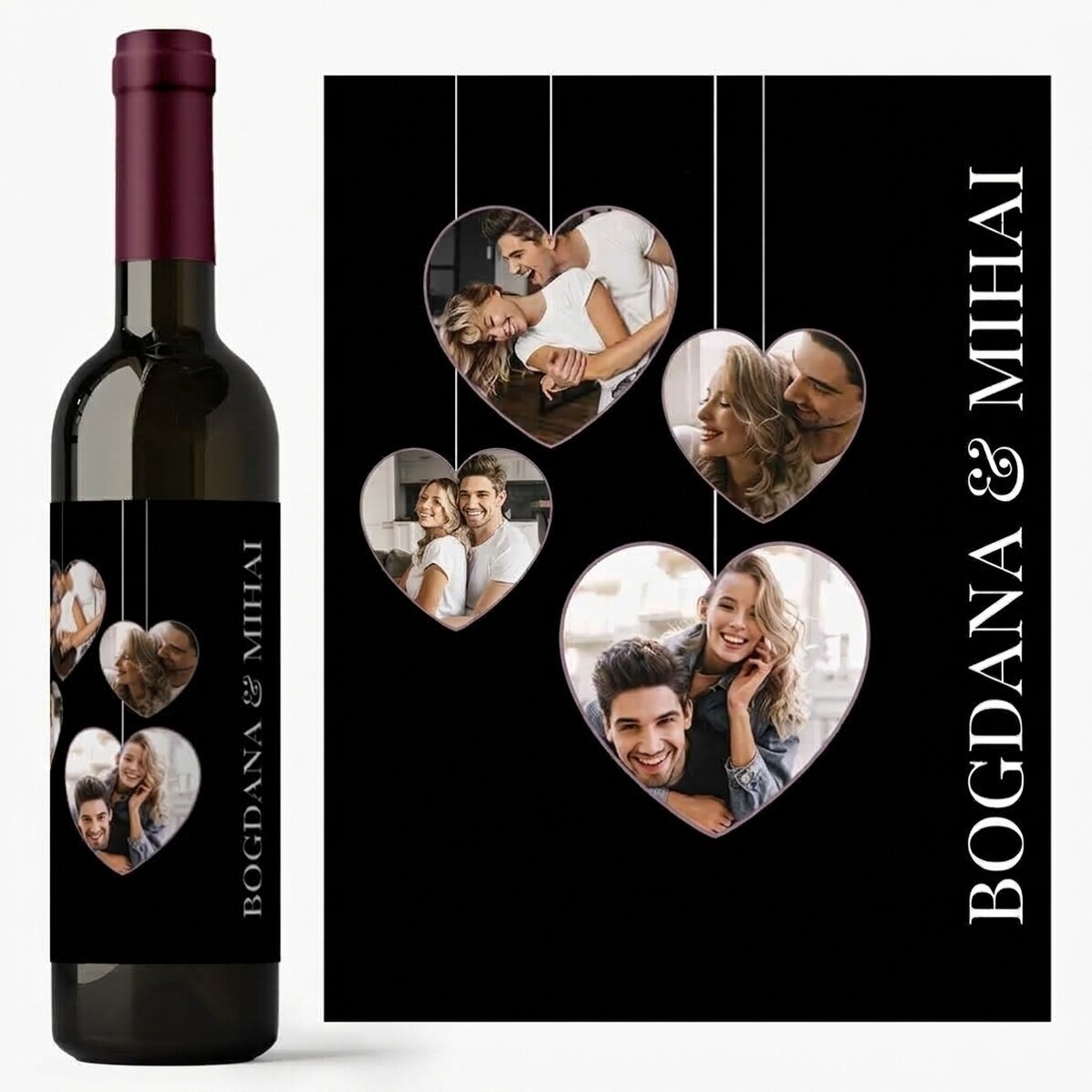 Vino personalizado con 4 fotos en forma de corazón para parejas