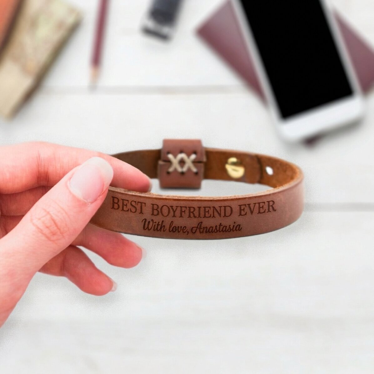 Pulsera de piel personalizada con mensaje - With love